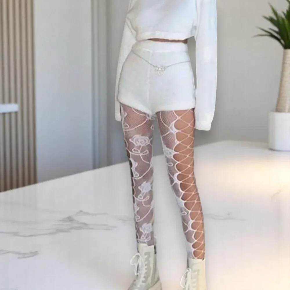 White Rose Vine Side Hollow Out  Fishnet Tights - NWT